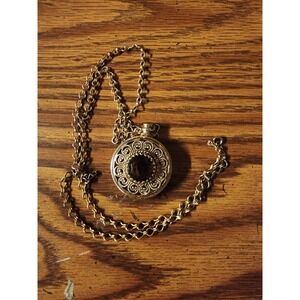 Vintage 1970s Avon Victorian Revival Gold & Amber Jeweled Photo Locket Necklace